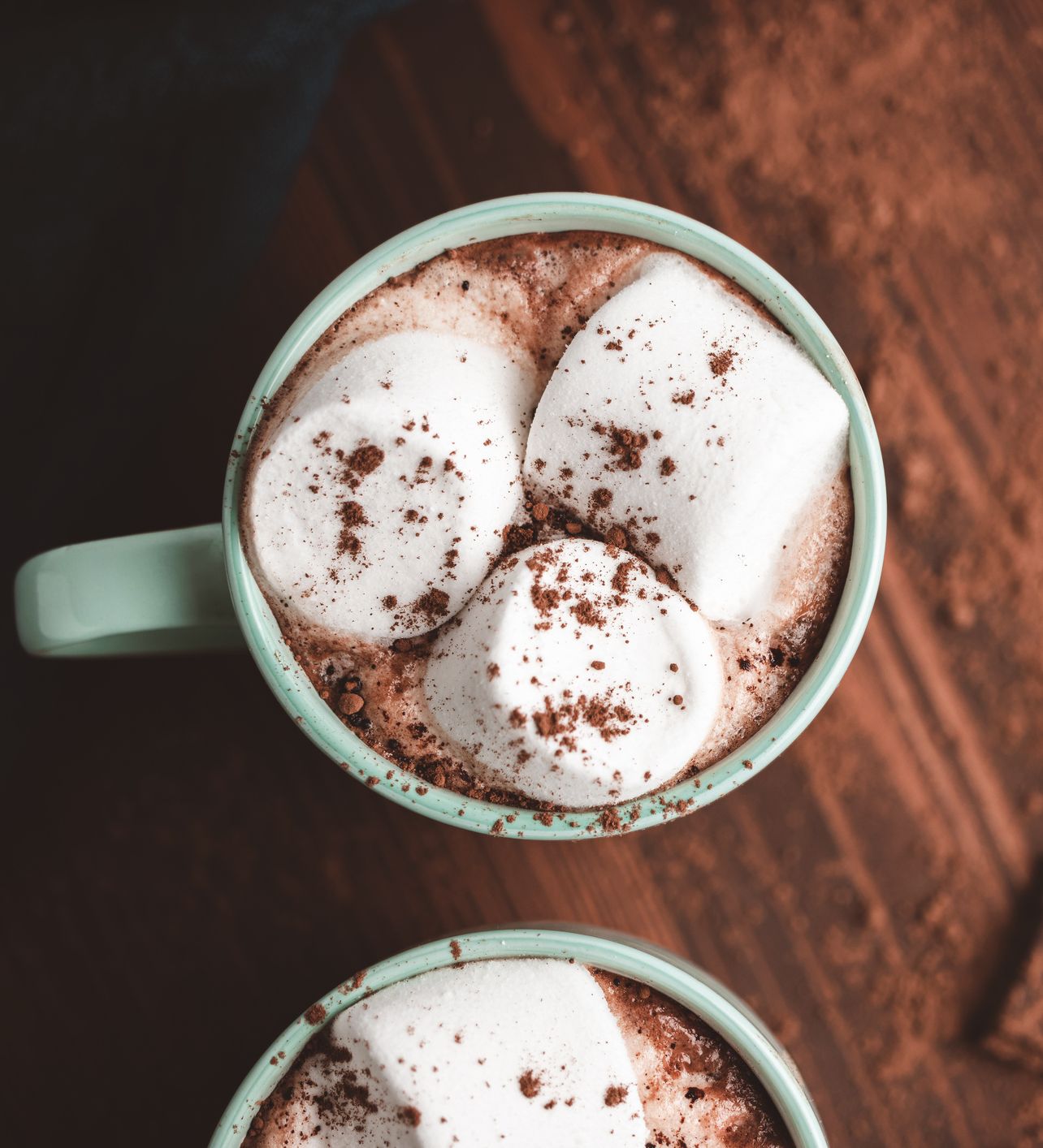 A close-up of a mug of hot chocolate topped with large marshmallows and sprinkled with cocoa powder. Cinnamon sticks and chocolate pieces are scattered on a wooden surface nearby.